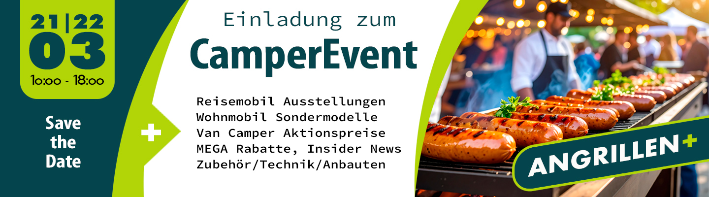 Camperevent am 21. und 22. März 2026. Einladung zum angrillen bei Uwe Gante in Niederelsungen von 10-18 Uhr. Die Auststellungsfahrzeuge können besichtigt werden und es gibt neues und Preisvorteile.