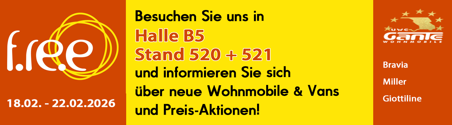 f.re.e. München Messebanner. Info - Besuchen Sie uns Stand. Halle 5 Stand 520 und 521 und informieren Sie sich über neue Modelle und aktuelle Wohnmobil Aktionen. Anzeige Hintergrund orneg und gelb, Logo F.R.E.E. München und Uwe Gante Logo. Texte weiß, orange und schwarz.
